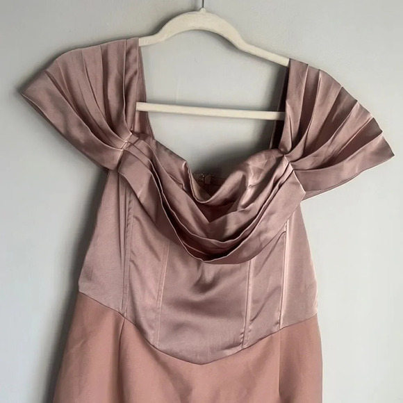 Lavish Alice Mink Pleated Bardot Satin Mix Midi Dress - Picture 3 of 14